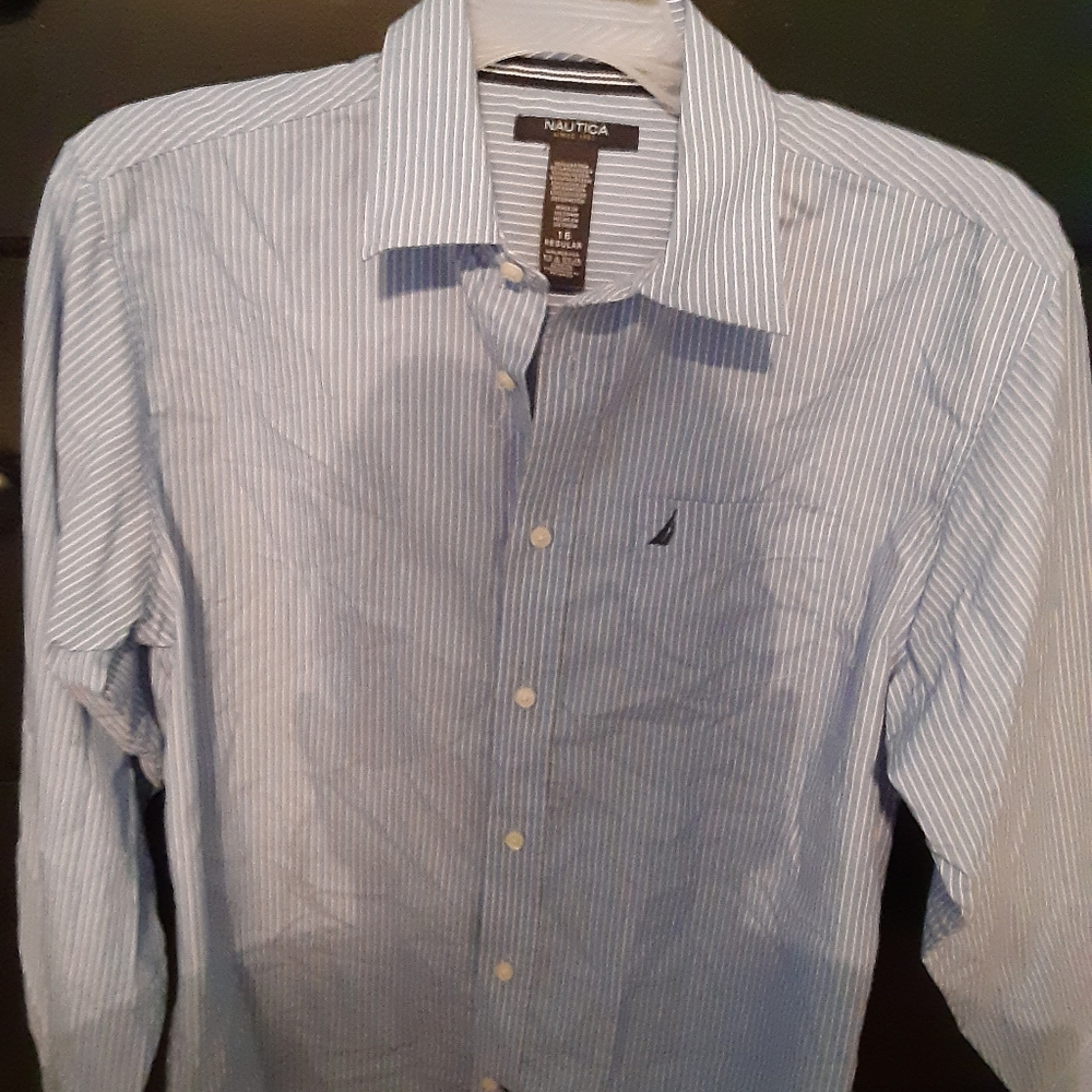 Boys size 16 blue/white stripe button down long sleeve shirt